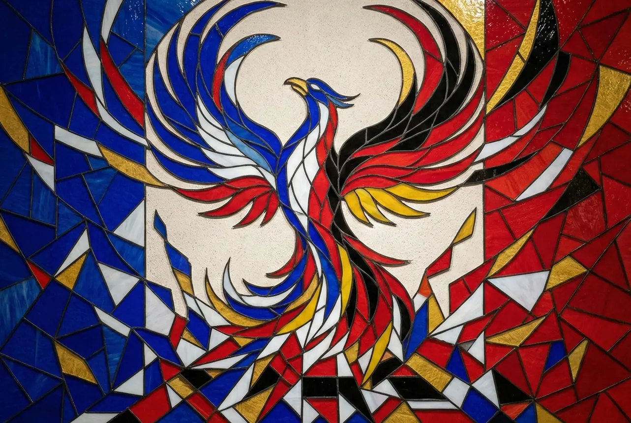 Mosaïque en vitrail représentant un phénix franco-allemand